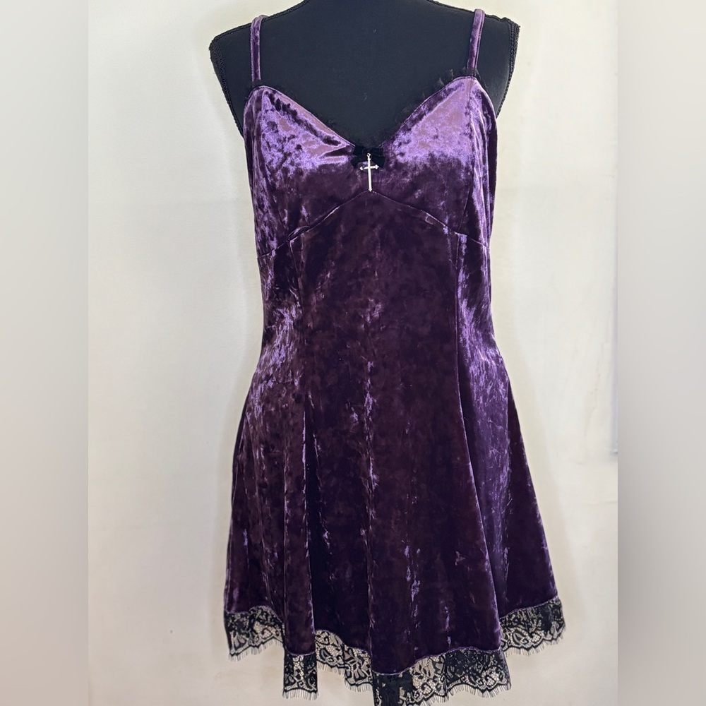 Cosmic Aura Purple Velvet Slip Dress Black Lace And Cross Detail Whimsygoth Sz S - Picture 3 of 11